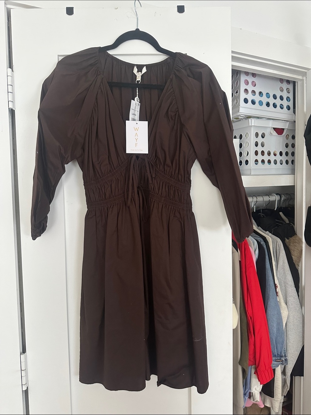 Wayf Brown V-Neck Smocked Waist Midi Dress
